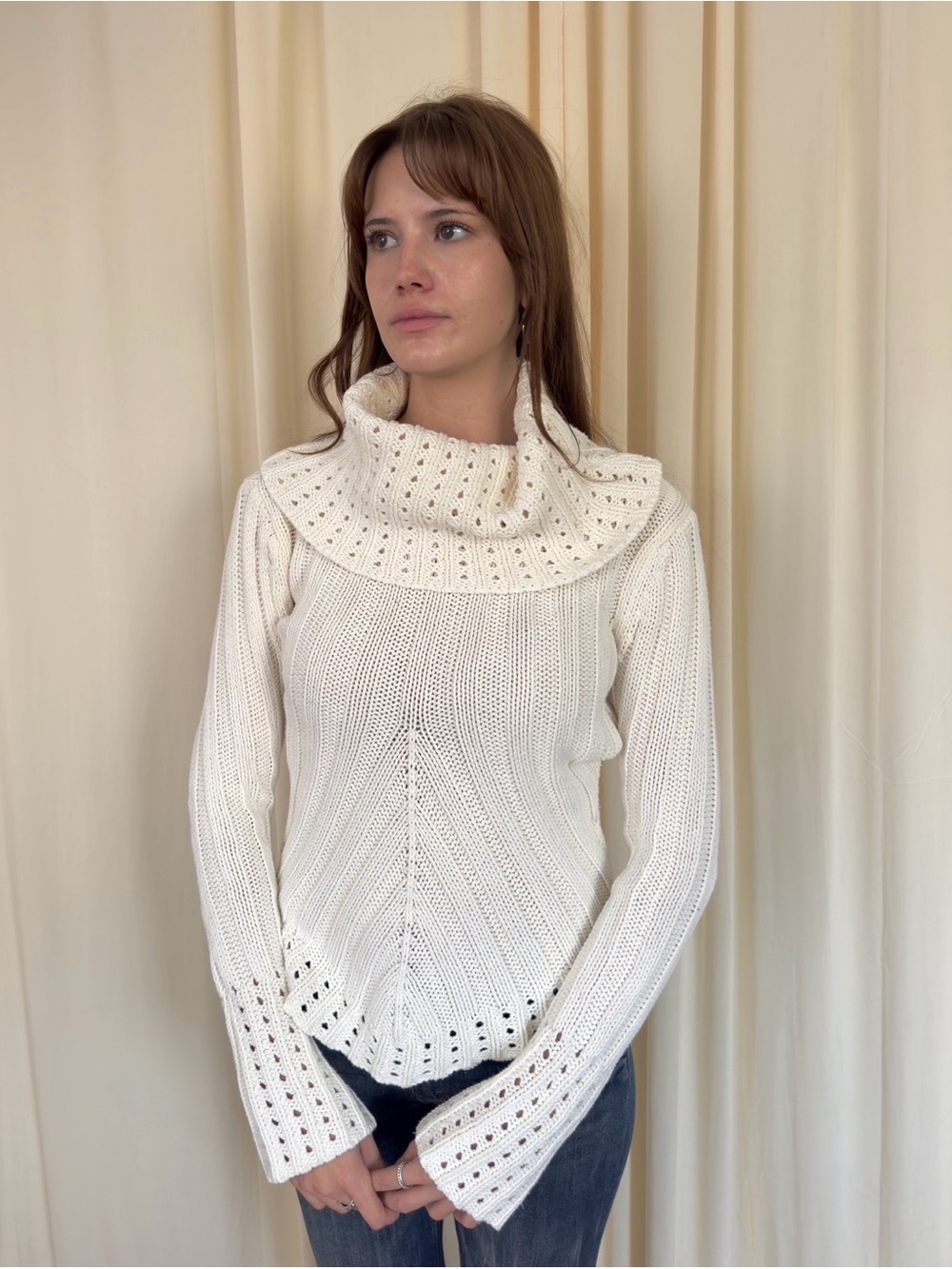 Cream Crochet Funnel Neck Sweater
